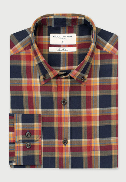 Regular Fit Navy and Red Small Plaid Herringbone Cotton Shirt