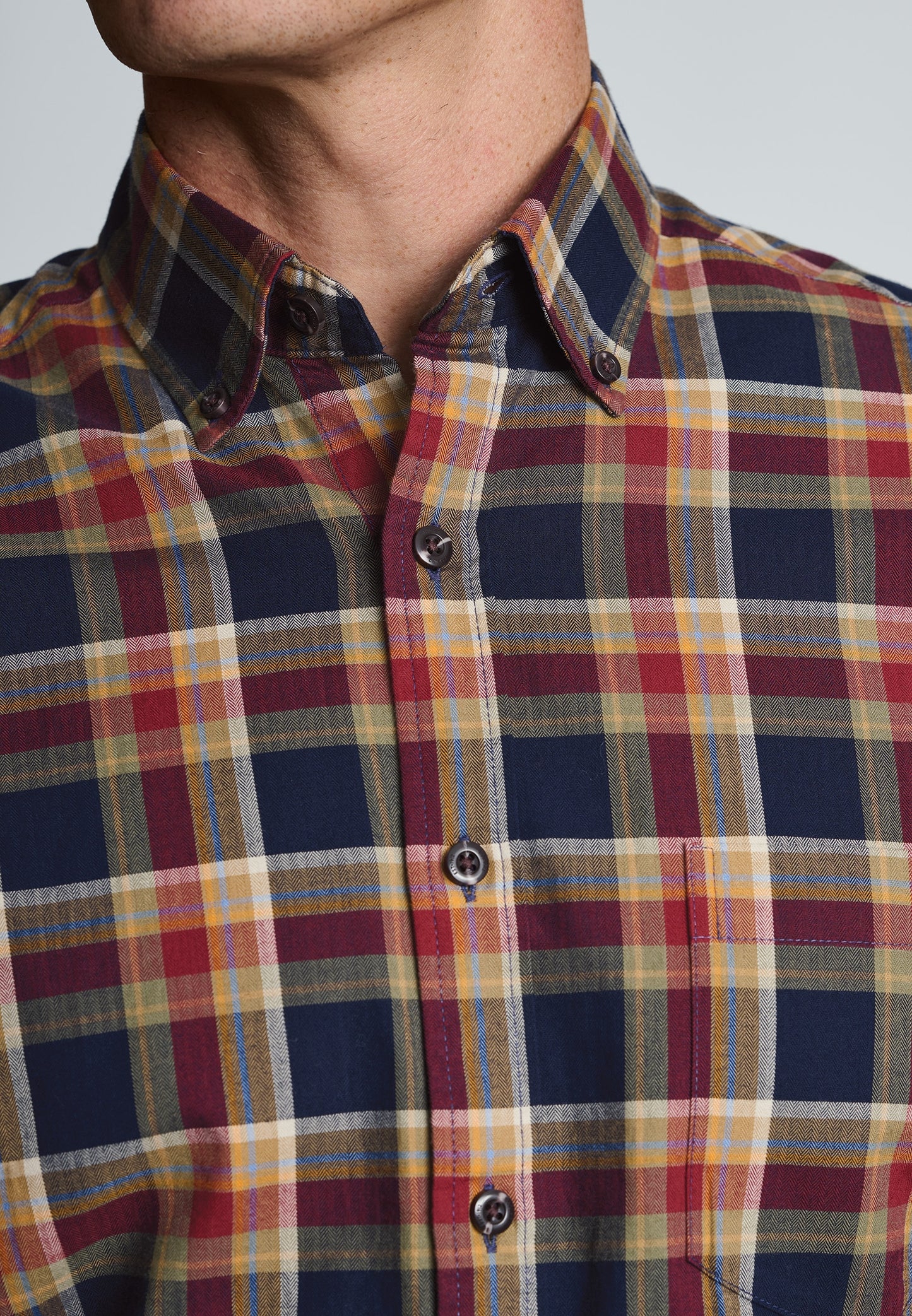 Regular Fit Navy and Red Small Plaid Herringbone Cotton Shirt