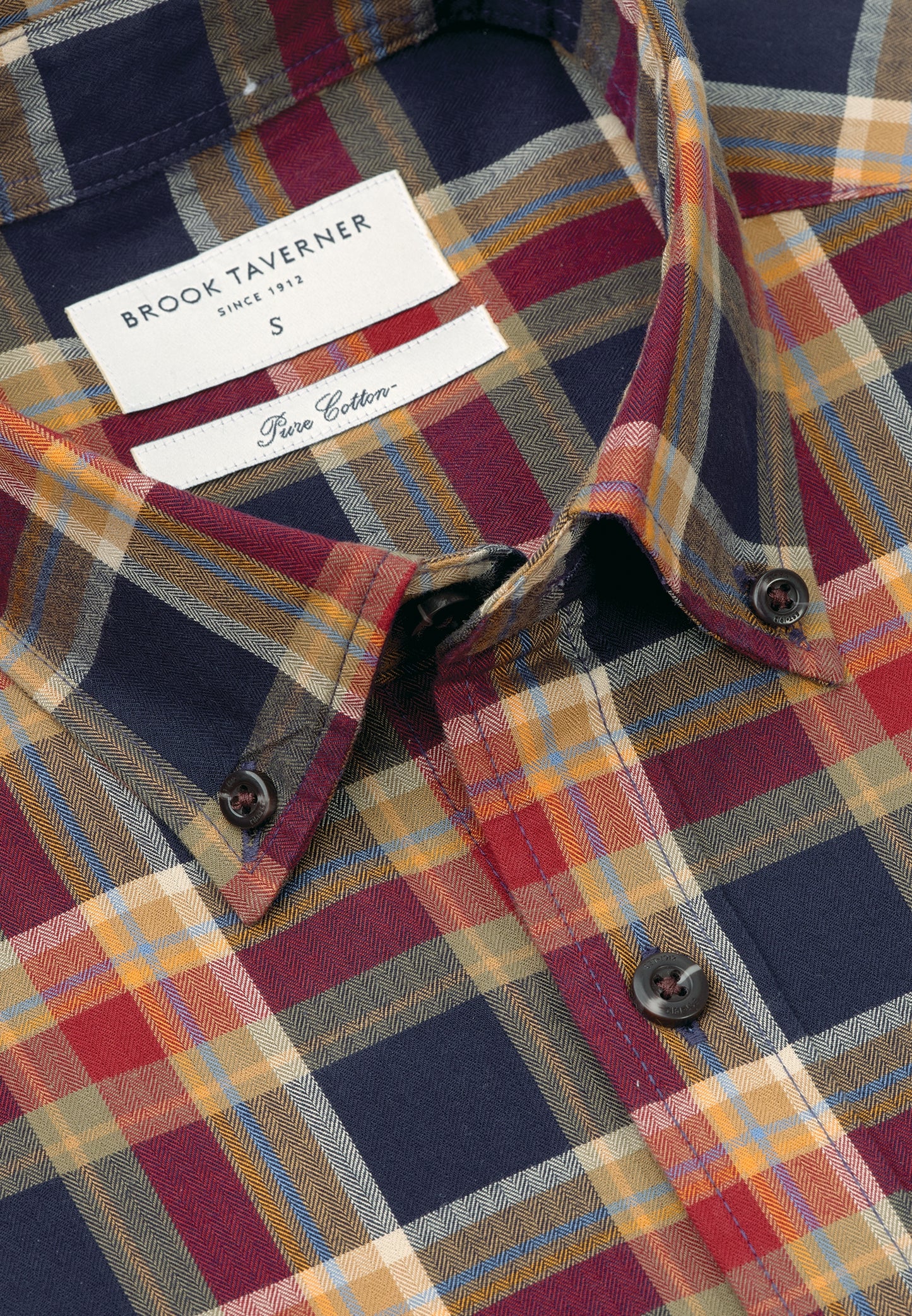 Regular Fit Navy and Red Small Plaid Herringbone Cotton Shirt