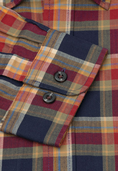 Regular Fit Navy and Red Small Plaid Herringbone Cotton Shirt