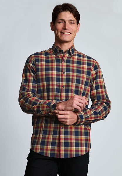 Regular Fit Navy and Red Small Plaid Herringbone Cotton Shirt