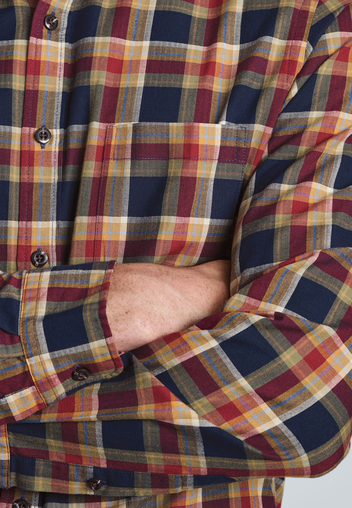 Regular Fit Navy and Red Small Plaid Herringbone Cotton Shirt