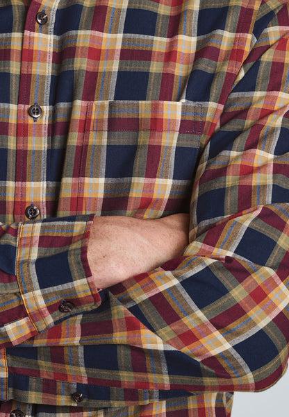 Regular Fit Navy and Red Small Plaid Herringbone Cotton Shirt