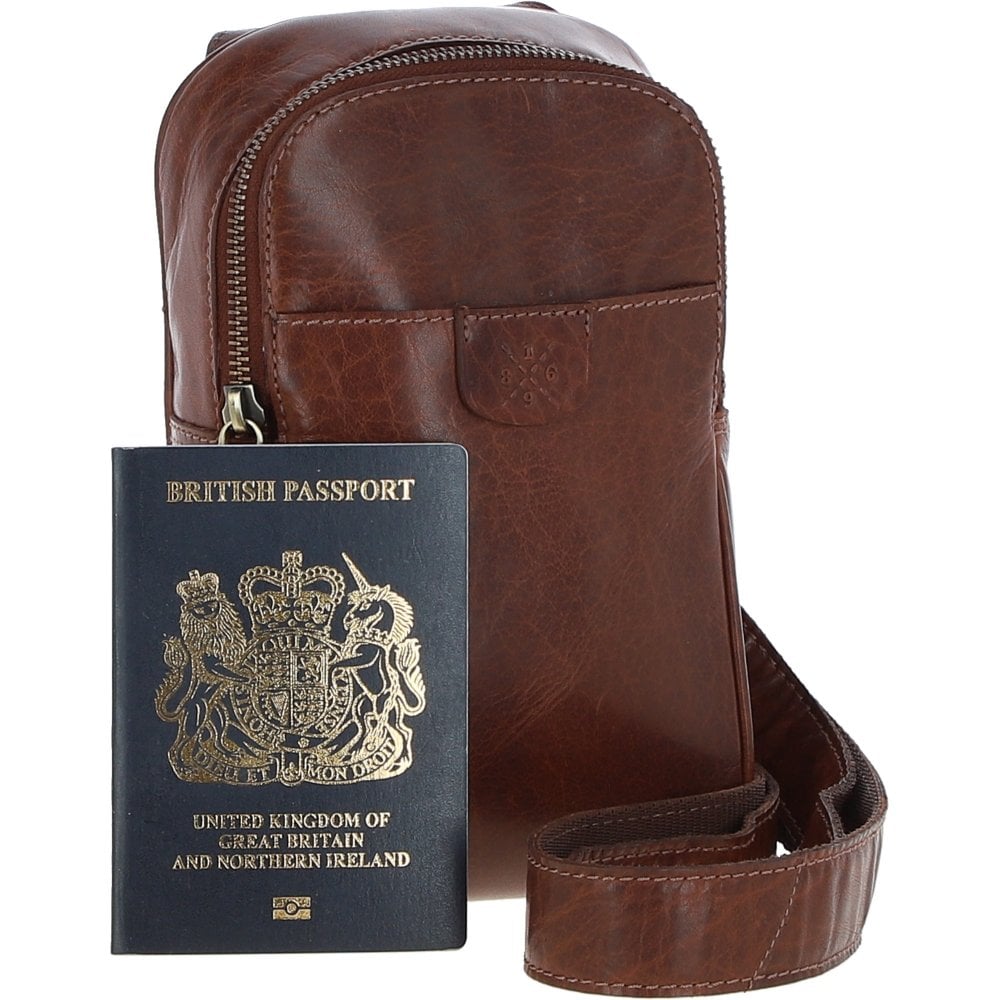 Three Pocket Leather Sling Bag T-75 - Chestnut