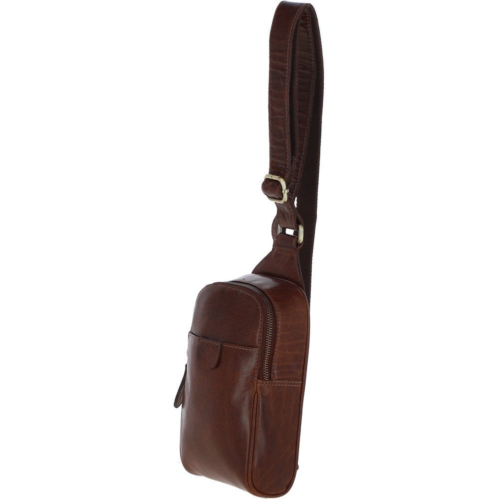 Three Pocket Leather Sling Bag T-75 - Chestnut