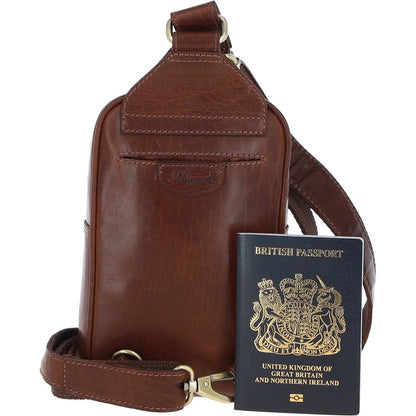 Three Pocket Leather Sling Bag T-75 - Chestnut