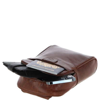 Three Pocket Leather Sling Bag T-75 - Chestnut