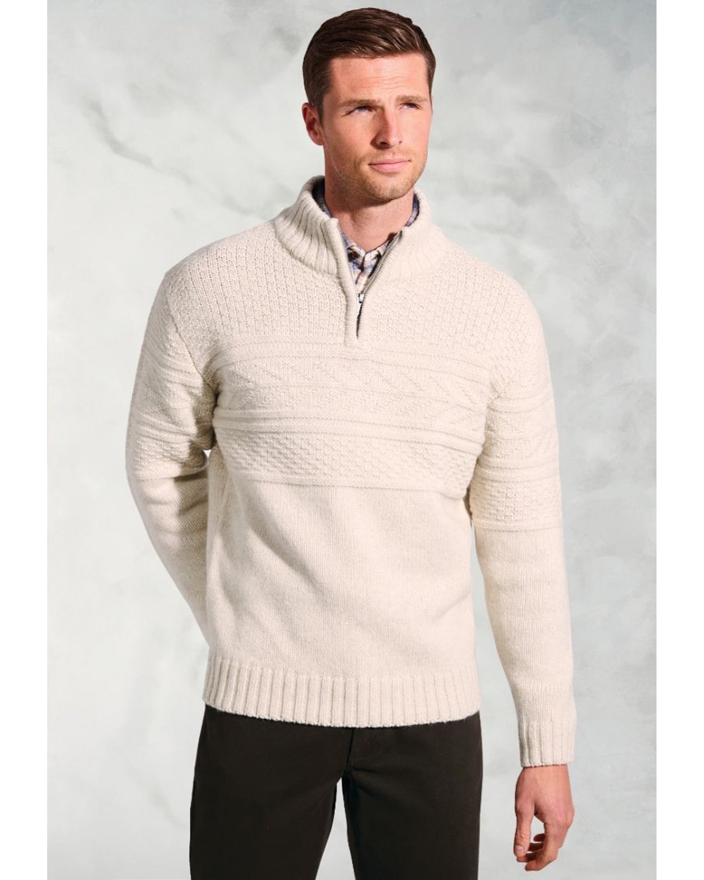 Eton Ecru Textured Lambswool Zip Neck Jumper