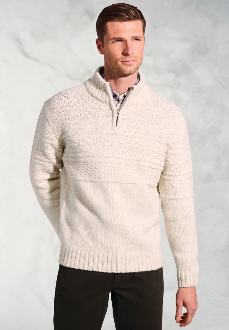 Eton Ecru Textured Lambswool Zip Neck Jumper
