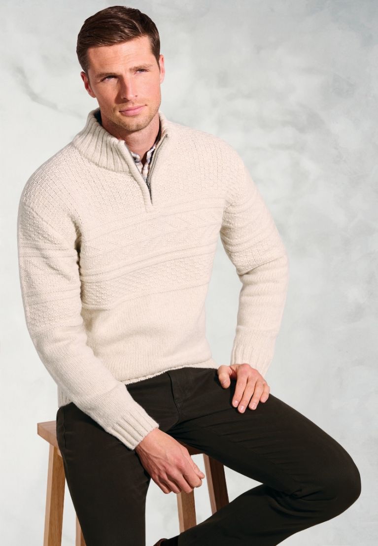 Eton Ecru Textured Lambswool Zip Neck Jumper