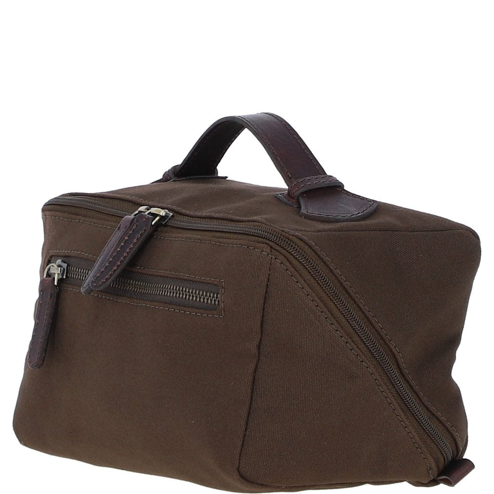 Fenland Canvas & Leather Wash Bag - Brandy/Green