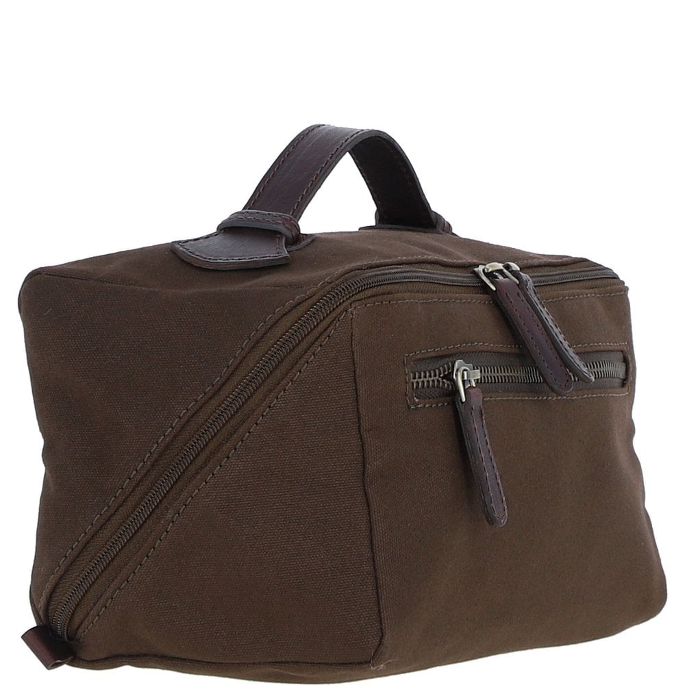 Fenland Canvas & Leather Wash Bag - Brandy/Green