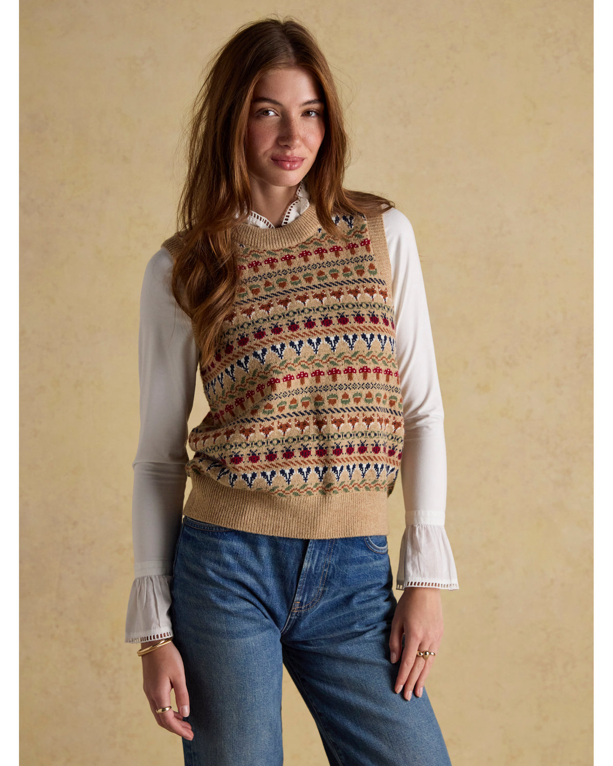 Woodland Oatmeal Cotton-Rich Intarsia Crew Neck Knitted Vest