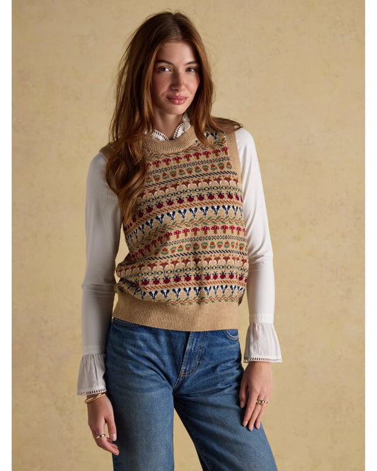 Woodland Oatmeal Cotton-Rich Intarsia Crew Neck Knitted Vest