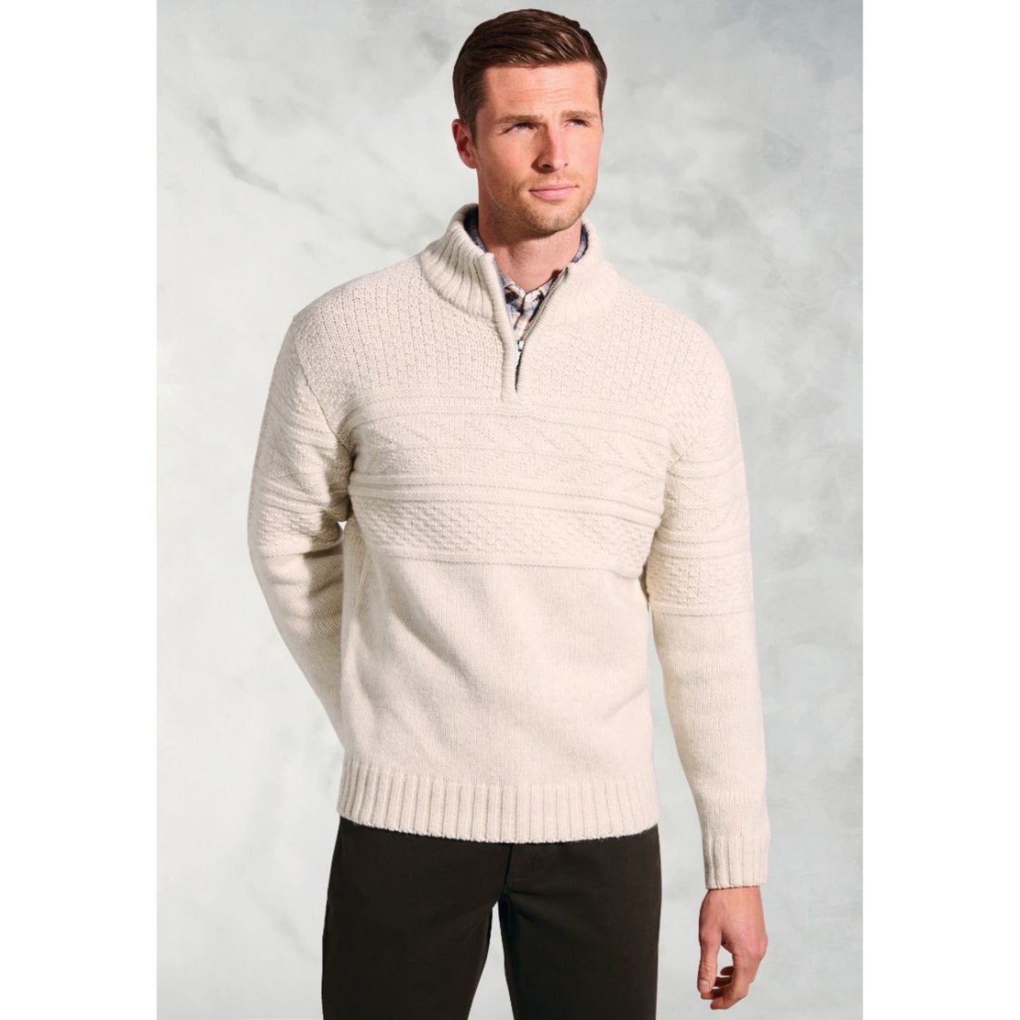 Eton Ecru Textured Lambswool Zip Neck Jumper