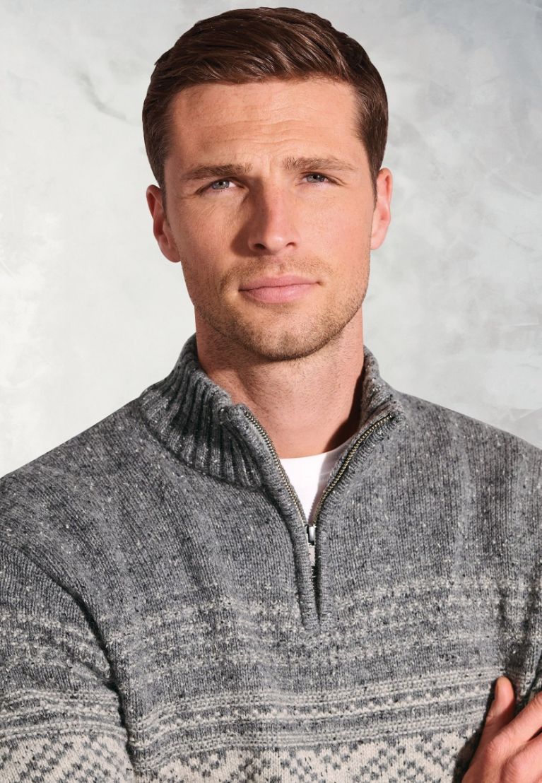 Moloney Silver Grey Nep Fairisle Lambswool Zip Neck Jumper