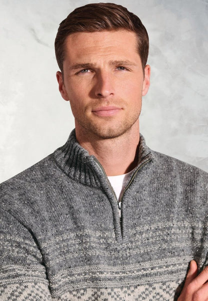 Moloney Silver Grey Nep Fairisle Lambswool Zip Neck Jumper
