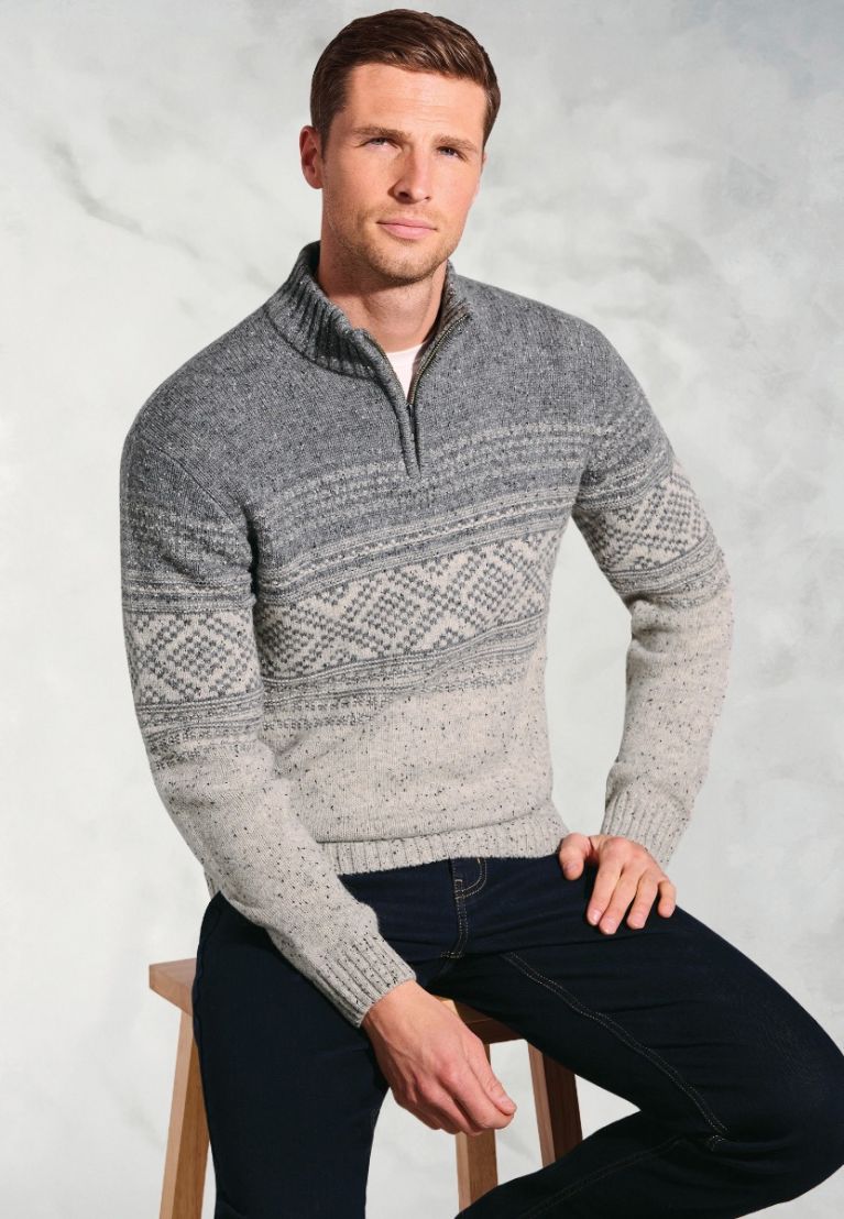 Moloney Silver Grey Nep Fairisle Lambswool Zip Neck Jumper