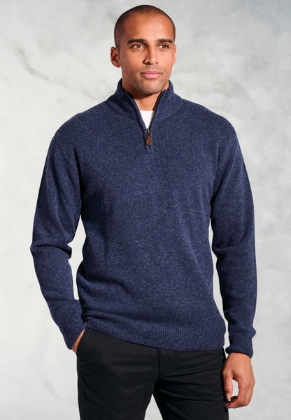 Rutherford Navy Lambswool Zip Neck Jumper