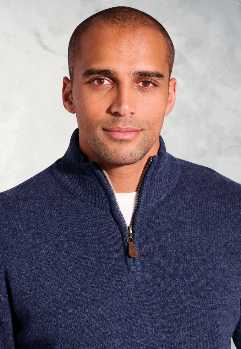 Rutherford Navy Lambswool Zip Neck Jumper