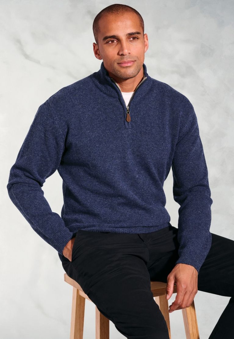 Rutherford Navy Lambswool Zip Neck Jumper