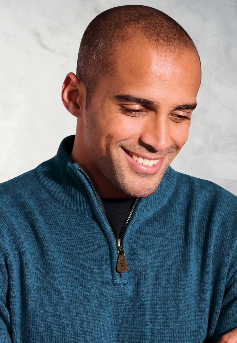Rutherford Teal Lambswool Zip Neck Jumper