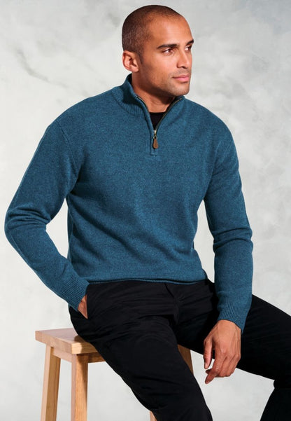 Rutherford Teal Lambswool Zip Neck Jumper