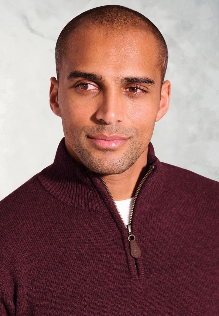 Rutherford Burgundy Lambswool Zip Neck Jumper