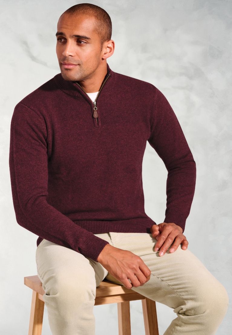 Rutherford Burgundy Lambswool Zip Neck Jumper