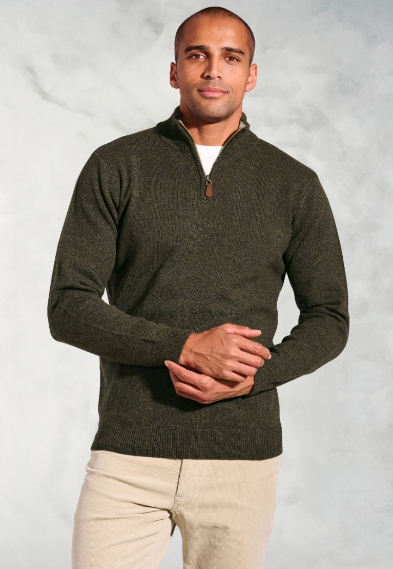 Rutherford Khaki Lambswool Zip Neck Jumper
