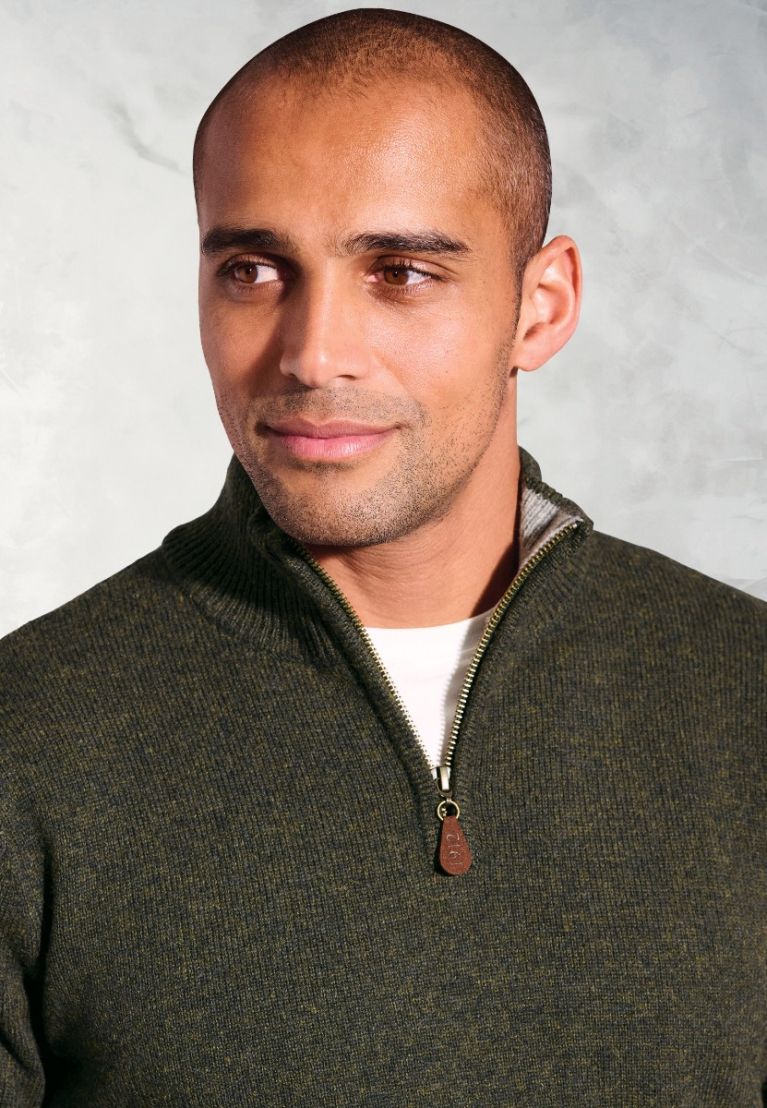 Rutherford Khaki Lambswool Zip Neck Jumper