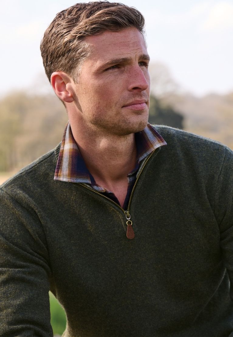 Rutherford Khaki Lambswool Zip Neck Jumper