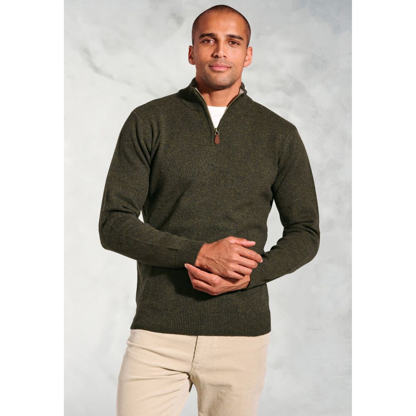 Rutherford Khaki Lambswool Zip Neck Jumper