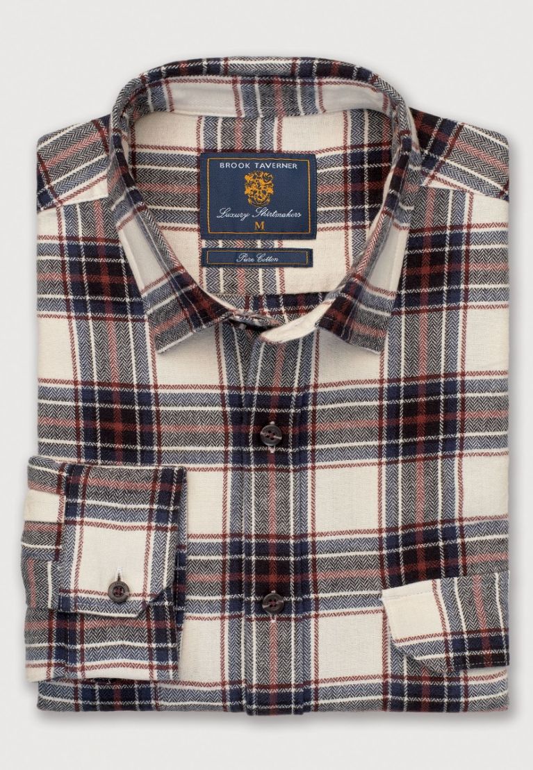 Regular Fit Ecru Herringbone Check Brushed Cotton Shirt