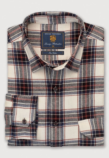 Regular Fit Ecru Herringbone Check Brushed Cotton Shirt