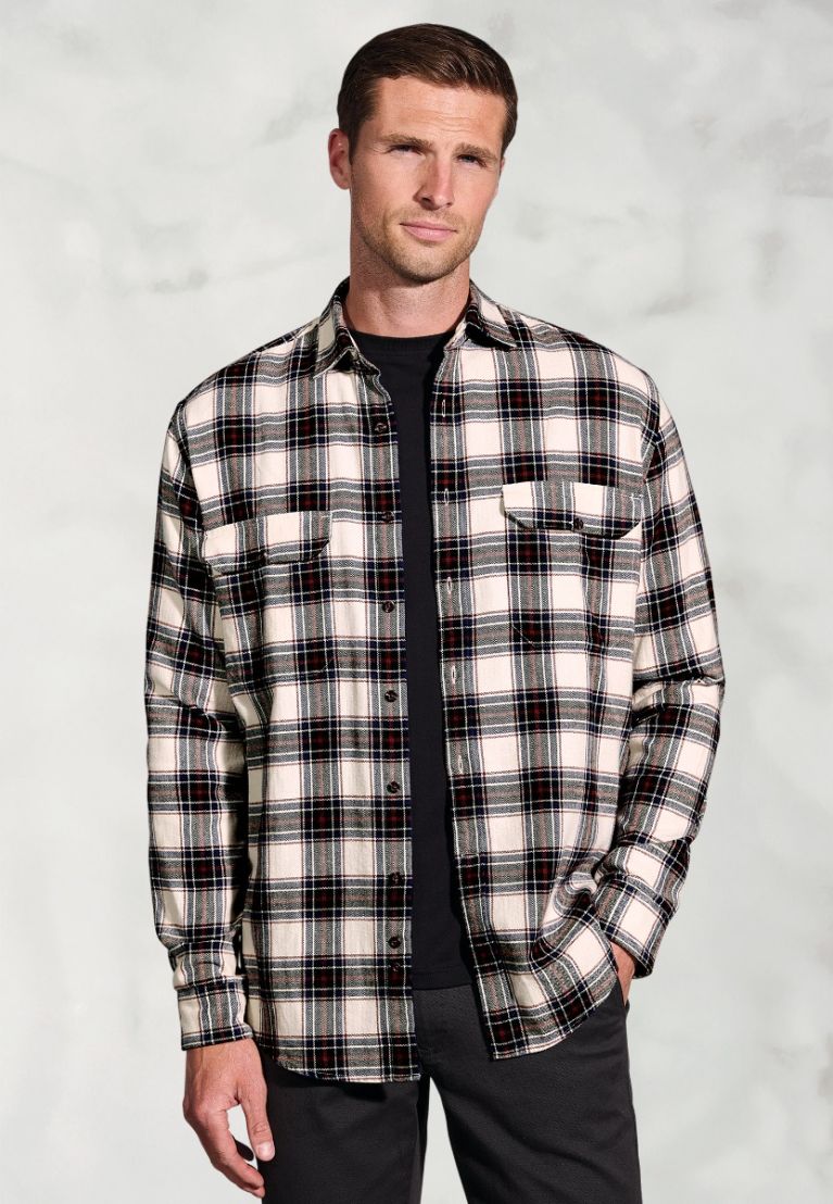 Regular Fit Ecru Herringbone Check Brushed Cotton Shirt
