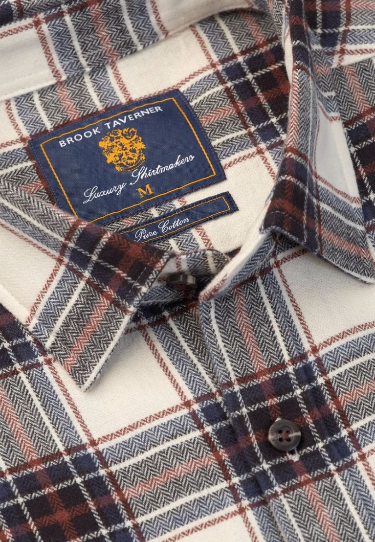 Regular Fit Ecru Herringbone Check Brushed Cotton Shirt