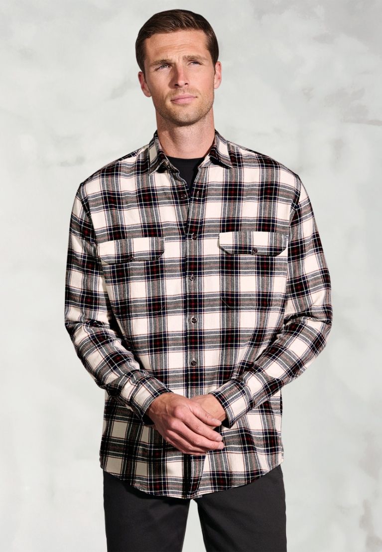 Regular Fit Ecru Herringbone Check Brushed Cotton Shirt