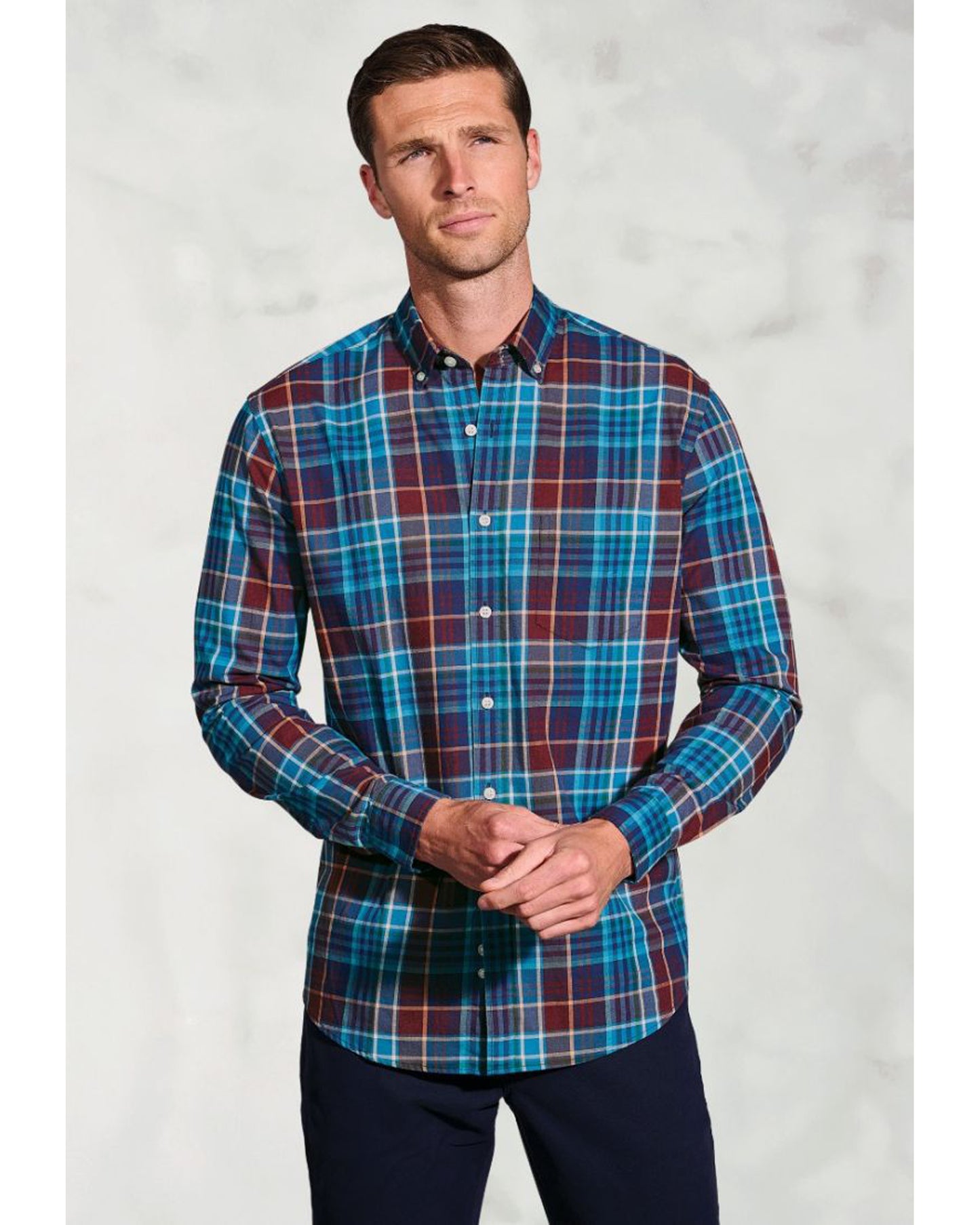 Regular Fit Teal Melange Check Cotton Shirt