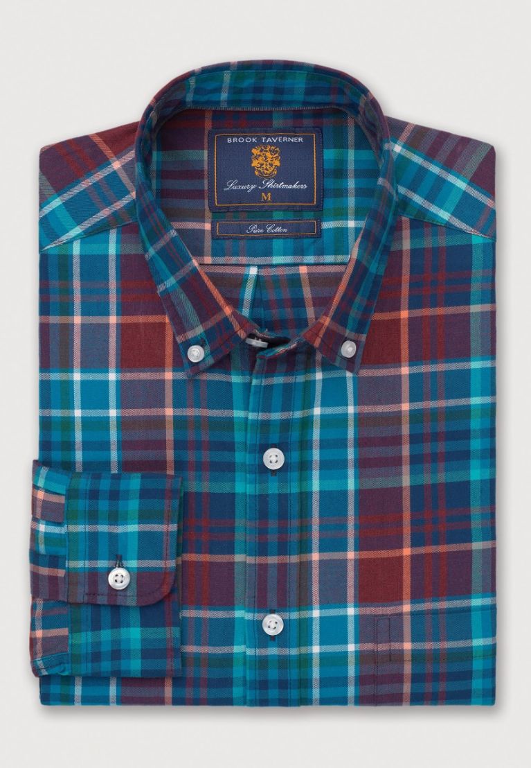 Regular Fit Teal Melange Check Cotton Shirt