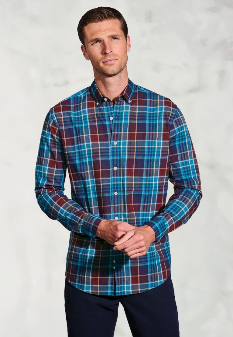 Regular Fit Teal Melange Check Cotton Shirt