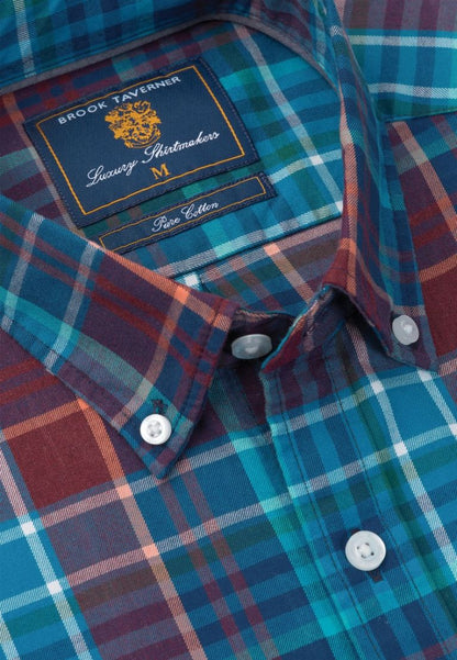 Regular Fit Teal Melange Check Cotton Shirt