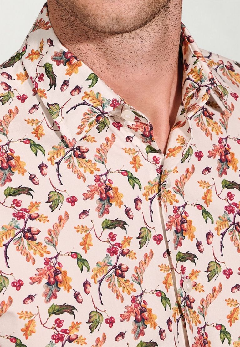 Regular Fit Ecru Acorn Print Cotton Shirt