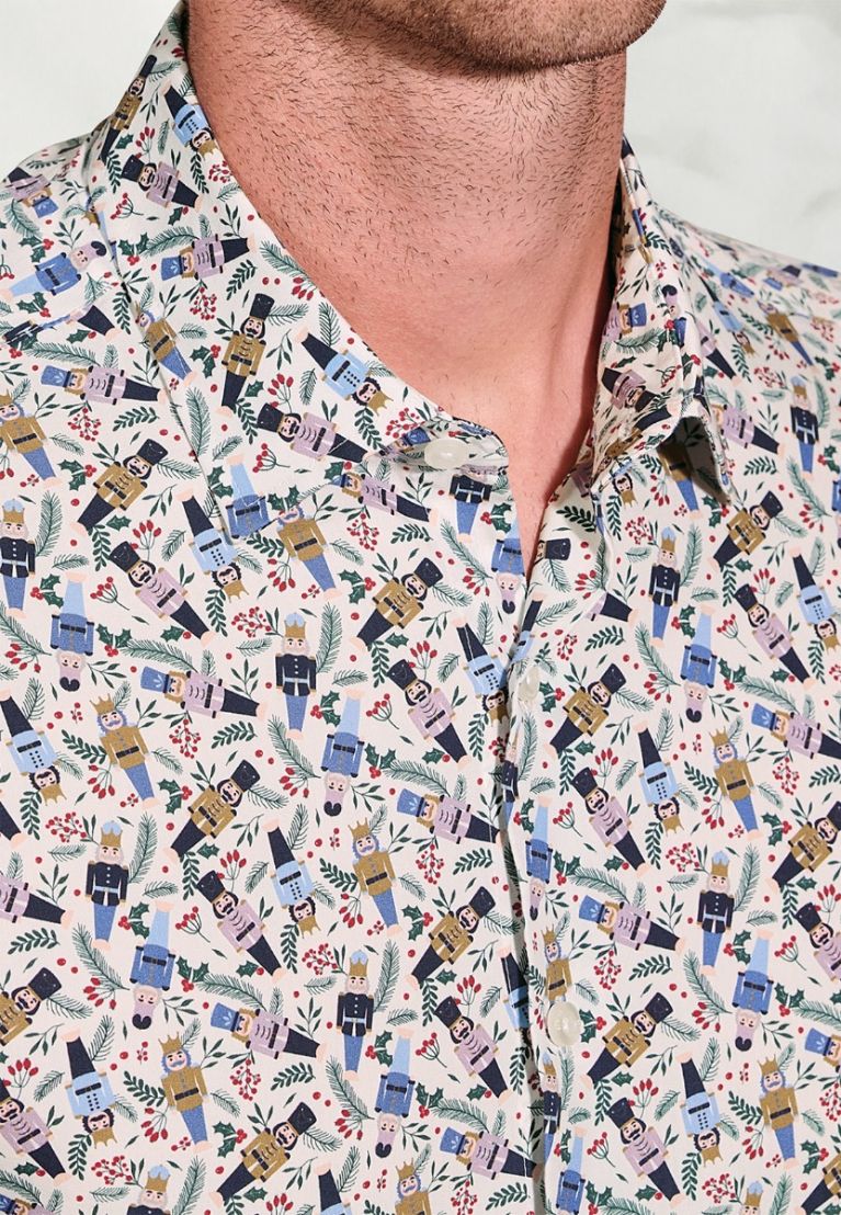 Regular Fit Ecru Nutcracker Print Cotton Shirt