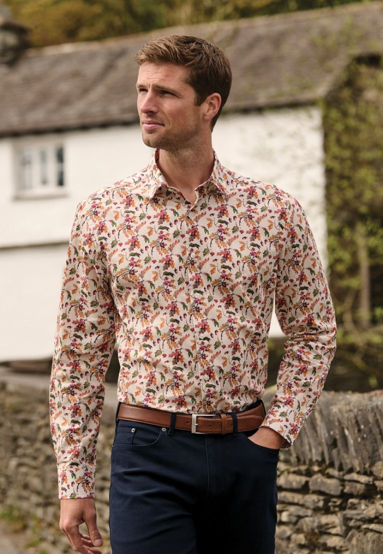 Regular Fit Ecru Acorn Print Cotton Shirt