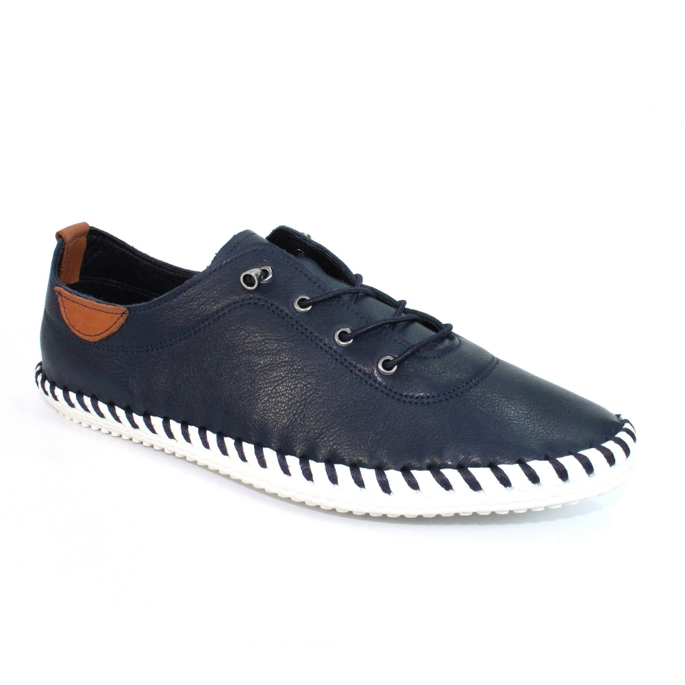 St Ives Navy Leather Plimsoll
