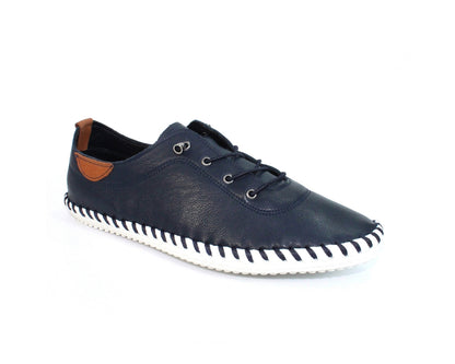 St Ives Navy Leather Plimsoll