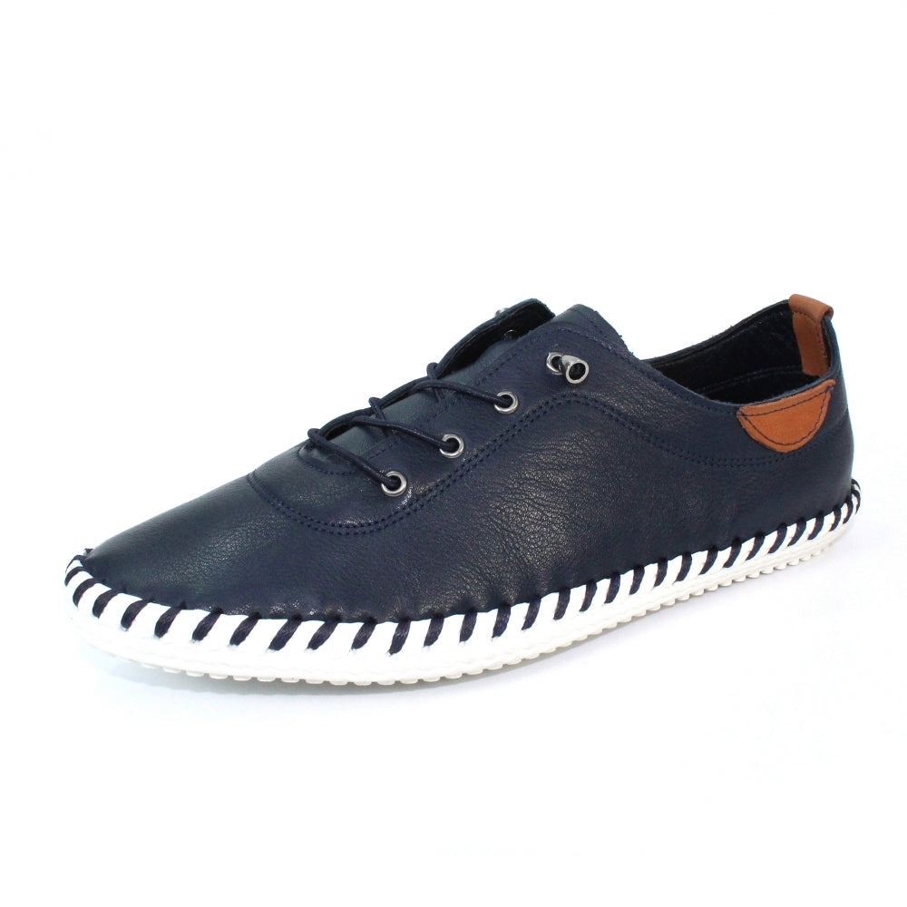 St Ives Navy Leather Plimsoll
