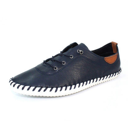 St Ives Navy Leather Plimsoll