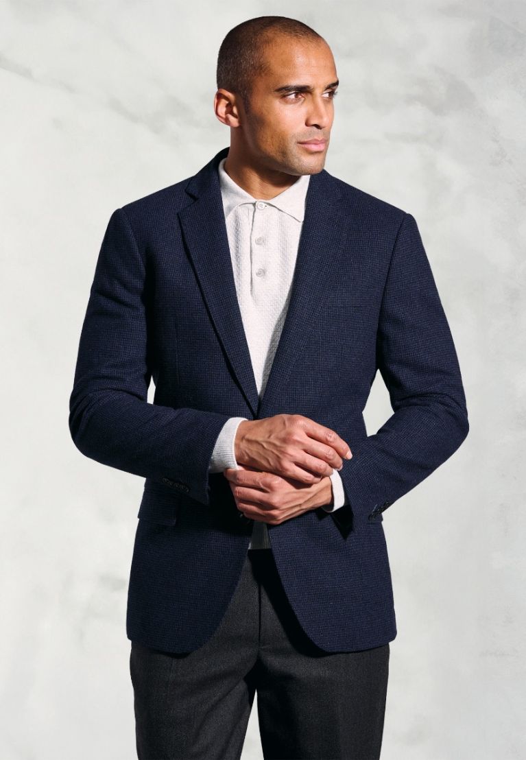 Tailored Fit Swinburn Navy Puppytooth Wool Blend Jacket